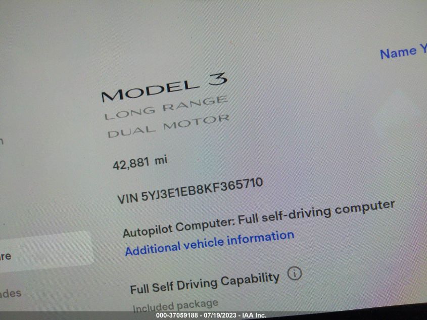 Photo 6 VIN: 5YJ3E1EB8KF365710 - TESLA MODEL 3 