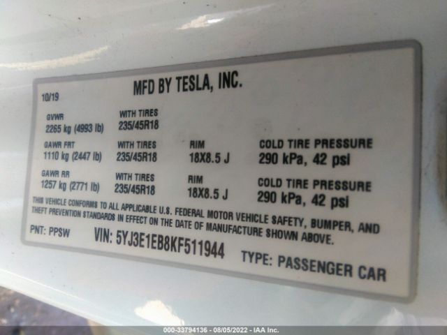 Photo 8 VIN: 5YJ3E1EB8KF511944 - TESLA MODEL 3 