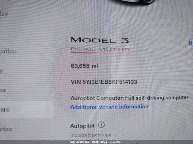 Photo 6 VIN: 5YJ3E1EB8KF514133 - TESLA MODEL 3 