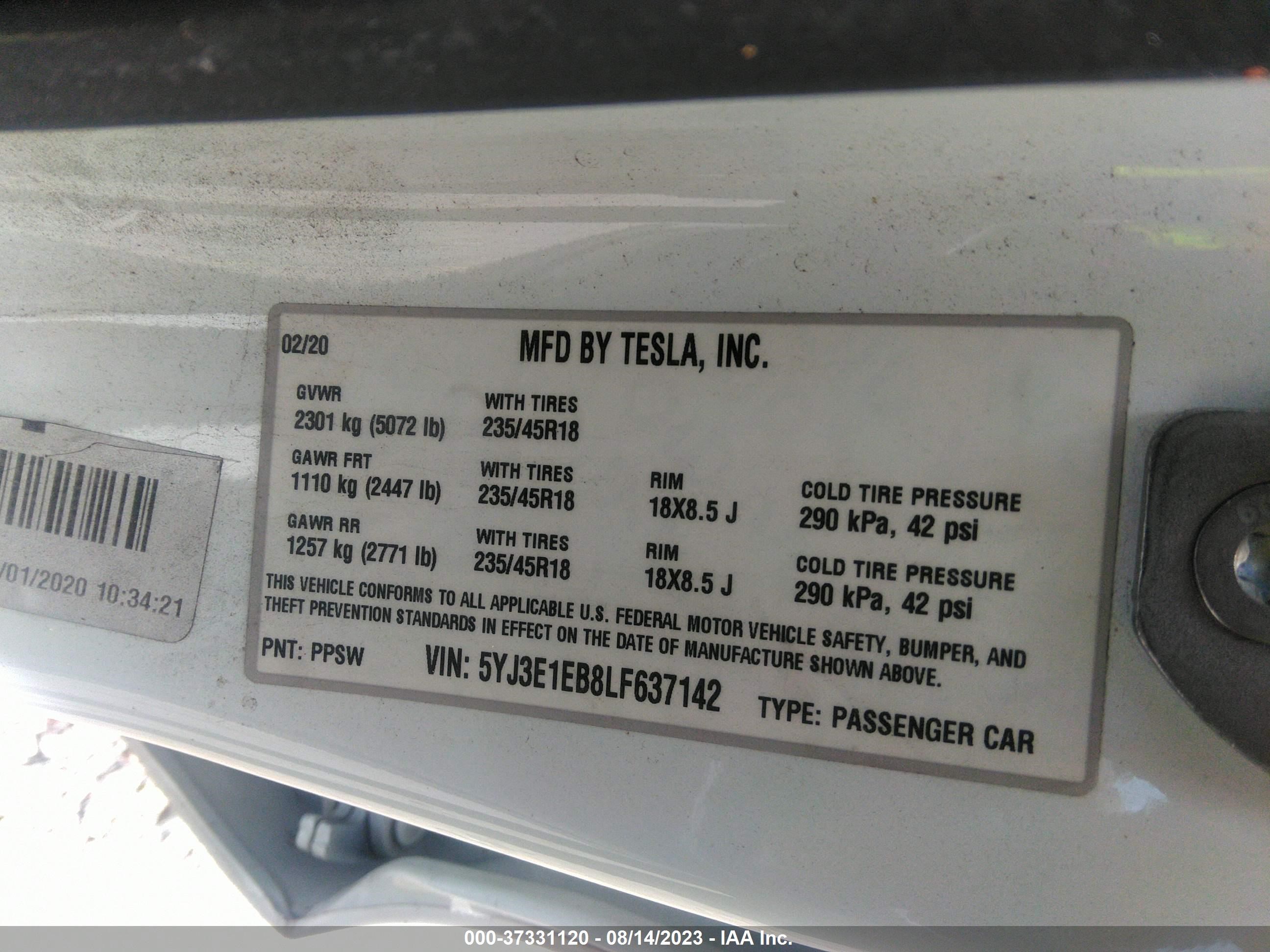 Photo 8 VIN: 5YJ3E1EB8LF637142 - TESLA MODEL 3 