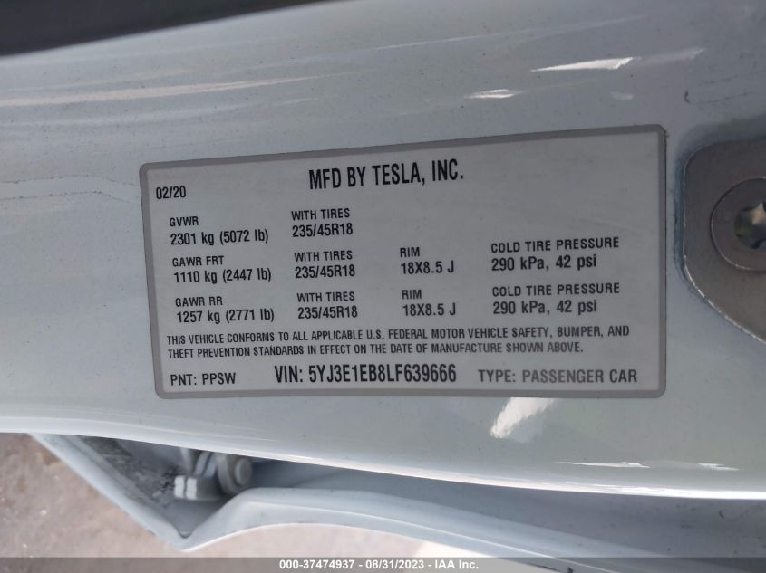 Photo 7 VIN: 5YJ3E1EB8LF639666 - TESLA MODEL 3 