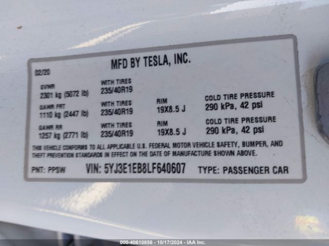 Photo 8 VIN: 5YJ3E1EB8LF640607 - TESLA MODEL 3 