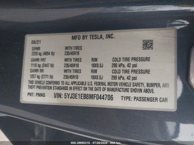 Photo 8 VIN: 5YJ3E1EB8MF044706 - TESLA MODEL 3 