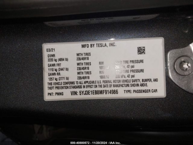 Photo 8 VIN: 5YJ3E1EB8MF914986 - TESLA MODEL 3 