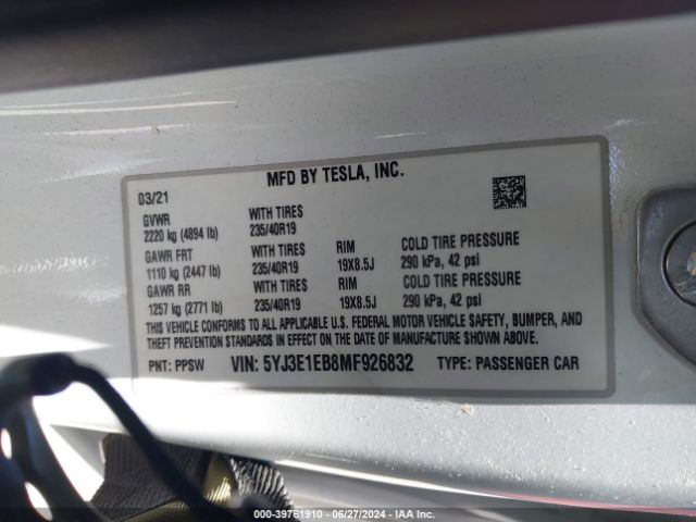 Photo 8 VIN: 5YJ3E1EB8MF926832 - TESLA MODEL 3 