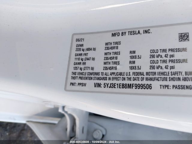 Photo 8 VIN: 5YJ3E1EB8MF999506 - TESLA MODEL 3 