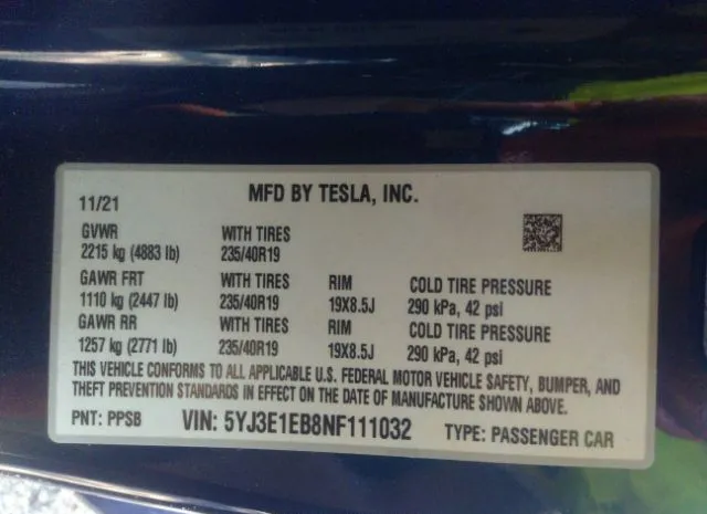 Photo 8 VIN: 5YJ3E1EB8NF111032 - TESLA MODEL 3 