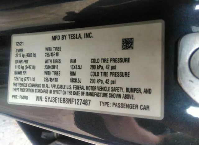 Photo 8 VIN: 5YJ3E1EB8NF127487 - TESLA MODEL 3 