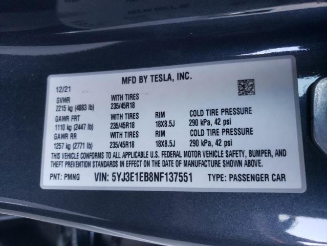 Photo 11 VIN: 5YJ3E1EB8NF137551 - TESLA MODEL 3 