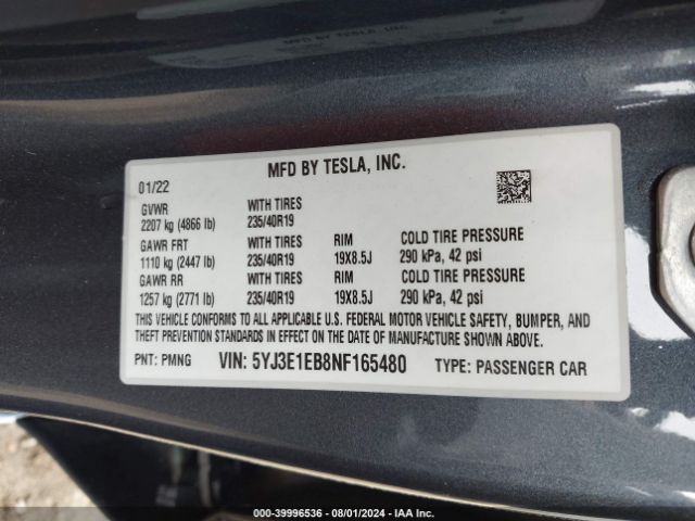 Photo 8 VIN: 5YJ3E1EB8NF165480 - TESLA MODEL 3 