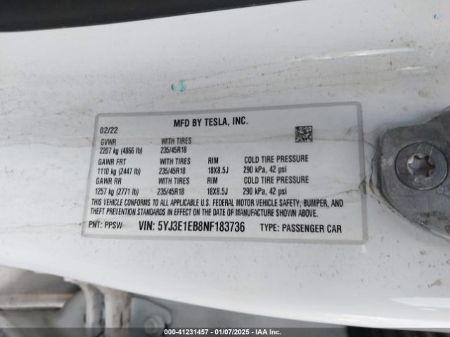 Photo 8 VIN: 5YJ3E1EB8NF183736 - TESLA MODEL 3 