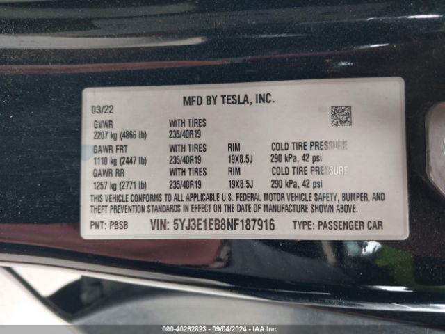 Photo 8 VIN: 5YJ3E1EB8NF187916 - TESLA MODEL 3 