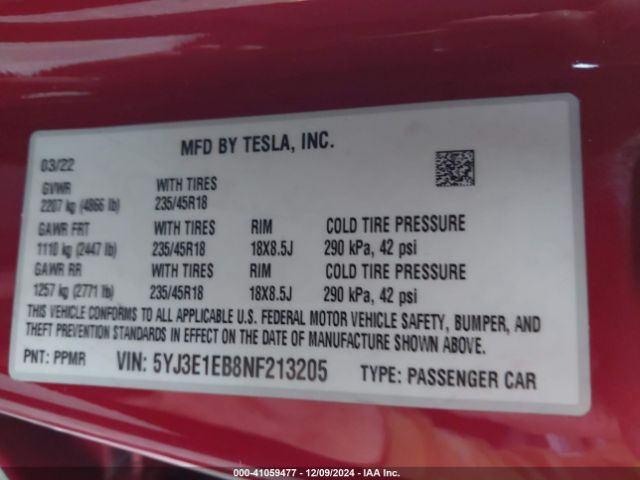 Photo 8 VIN: 5YJ3E1EB8NF213205 - TESLA MODEL 3 