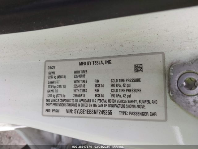 Photo 8 VIN: 5YJ3E1EB8NF249265 - TESLA MODEL 3 