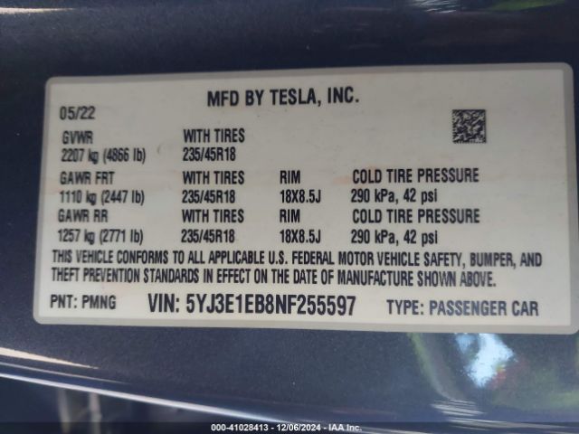 Photo 8 VIN: 5YJ3E1EB8NF255597 - TESLA MODEL 3 