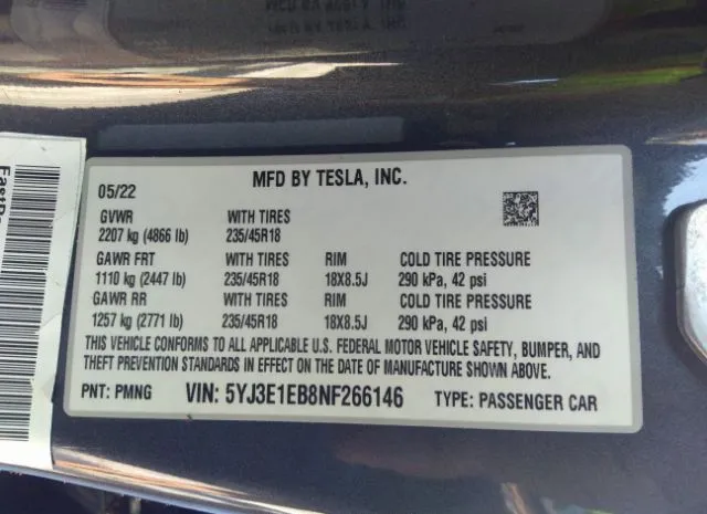 Photo 8 VIN: 5YJ3E1EB8NF266146 - TESLA MODEL 3 