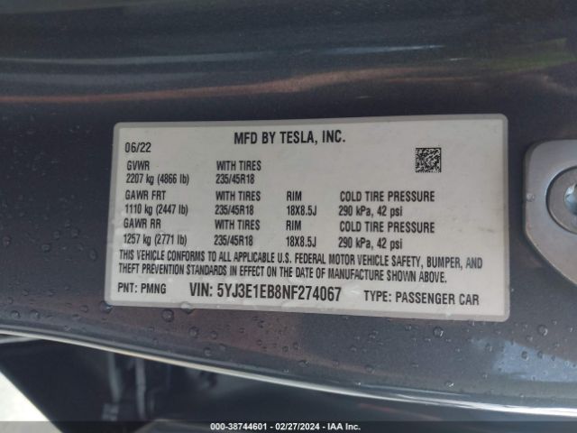 Photo 8 VIN: 5YJ3E1EB8NF274067 - TESLA MODEL 3 