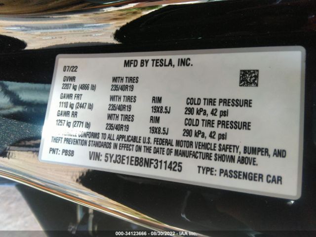 Photo 8 VIN: 5YJ3E1EB8NF311425 - TESLA MODEL 3 