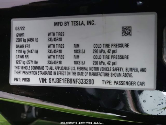 Photo 8 VIN: 5YJ3E1EB8NF333280 - TESLA MODEL 3 