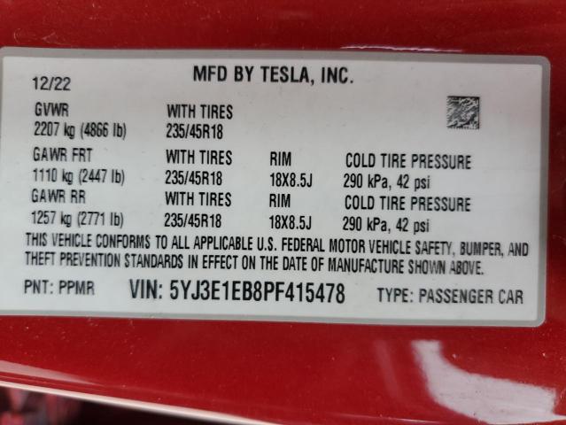 Photo 12 VIN: 5YJ3E1EB8PF415478 - TESLA MODEL 3 