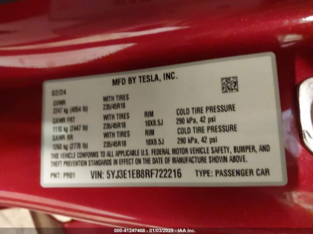 Photo 8 VIN: 5YJ3E1EB8RF722216 - TESLA MODEL 3 