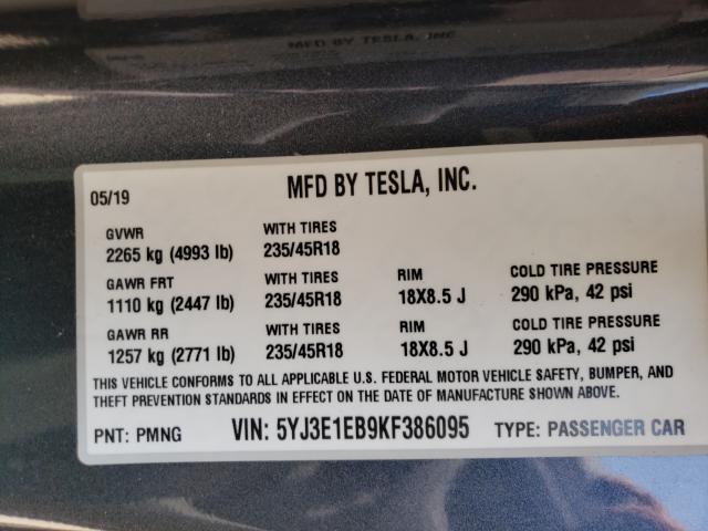 Photo 9 VIN: 5YJ3E1EB9KF386095 - TESLA MODEL 3 