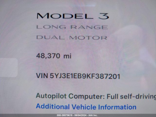 Photo 6 VIN: 5YJ3E1EB9KF387201 - TESLA MODEL 3 