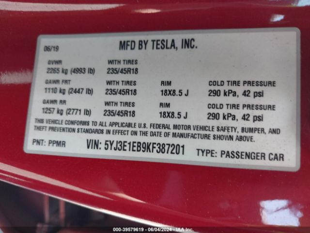 Photo 8 VIN: 5YJ3E1EB9KF387201 - TESLA MODEL 3 