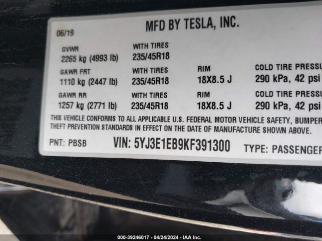 Photo 8 VIN: 5YJ3E1EB9KF391300 - TESLA MODEL 3 