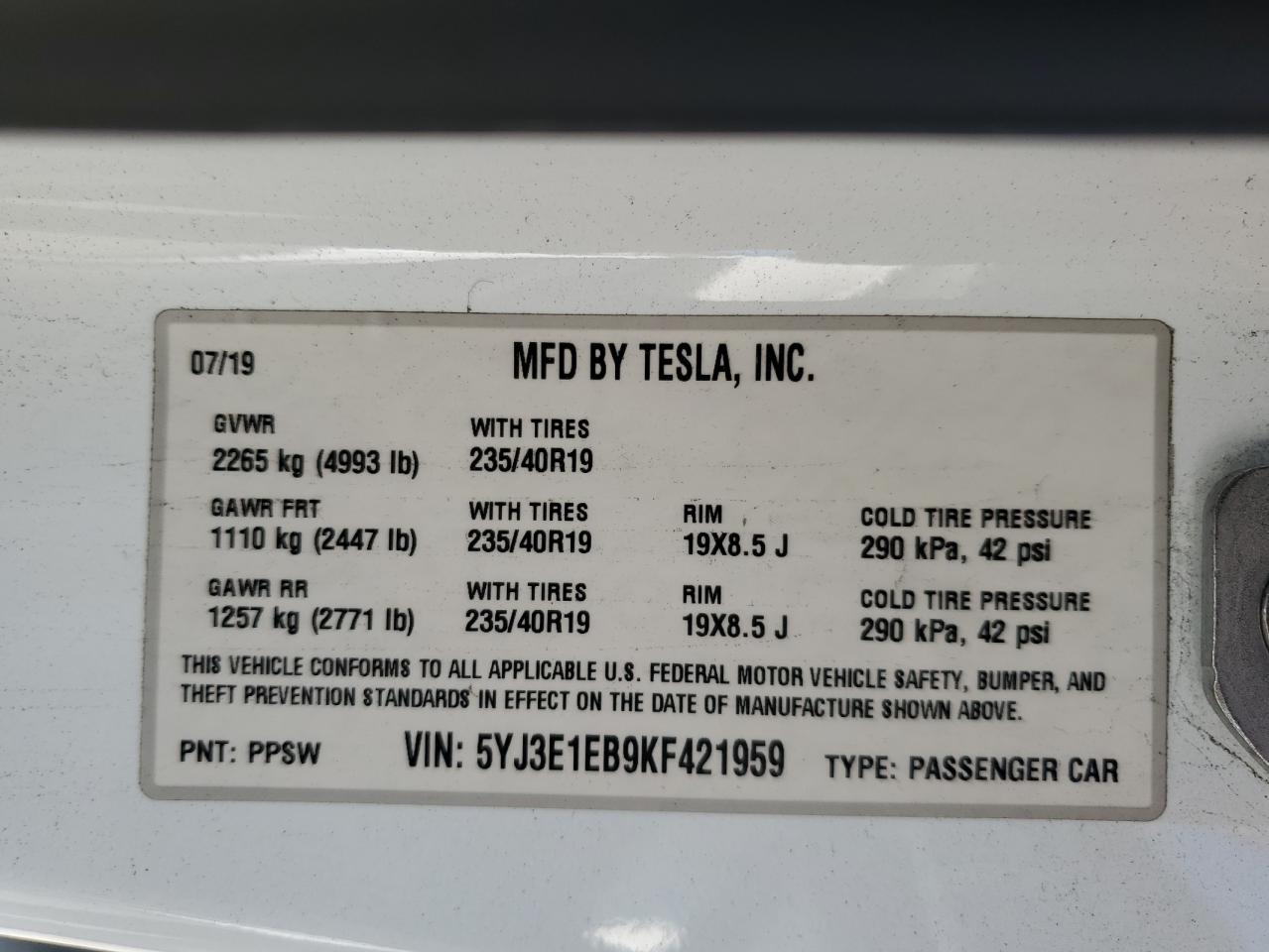 Photo 11 VIN: 5YJ3E1EB9KF421959 - TESLA MODEL 3 