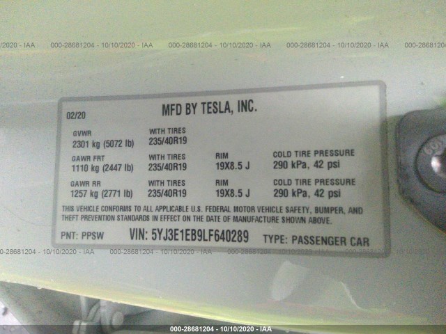 Photo 8 VIN: 5YJ3E1EB9LF640289 - TESLA MODEL 3 