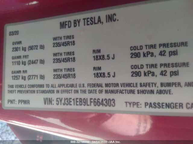 Photo 8 VIN: 5YJ3E1EB9LF664303 - TESLA MODEL 3 