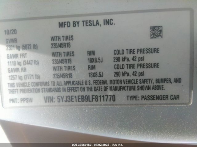 Photo 8 VIN: 5YJ3E1EB9LF811770 - TESLA MODEL 3 