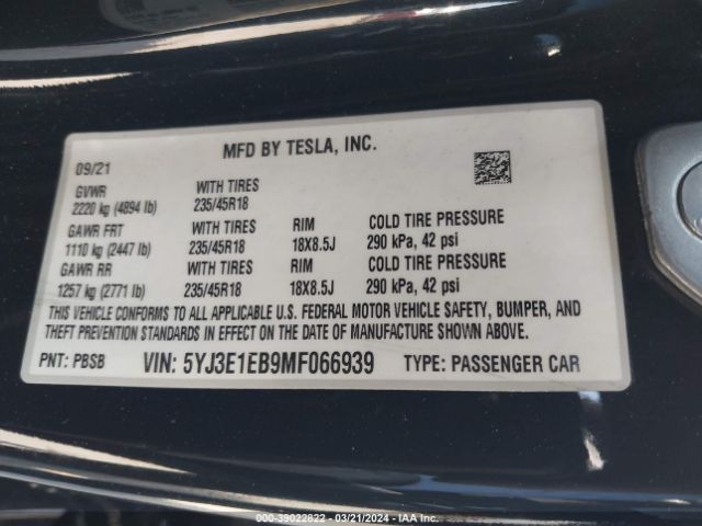 Photo 8 VIN: 5YJ3E1EB9MF066939 - TESLA MODEL 3 