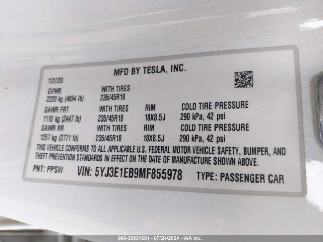 Photo 8 VIN: 5YJ3E1EB9MF855978 - TESLA MODEL 3 