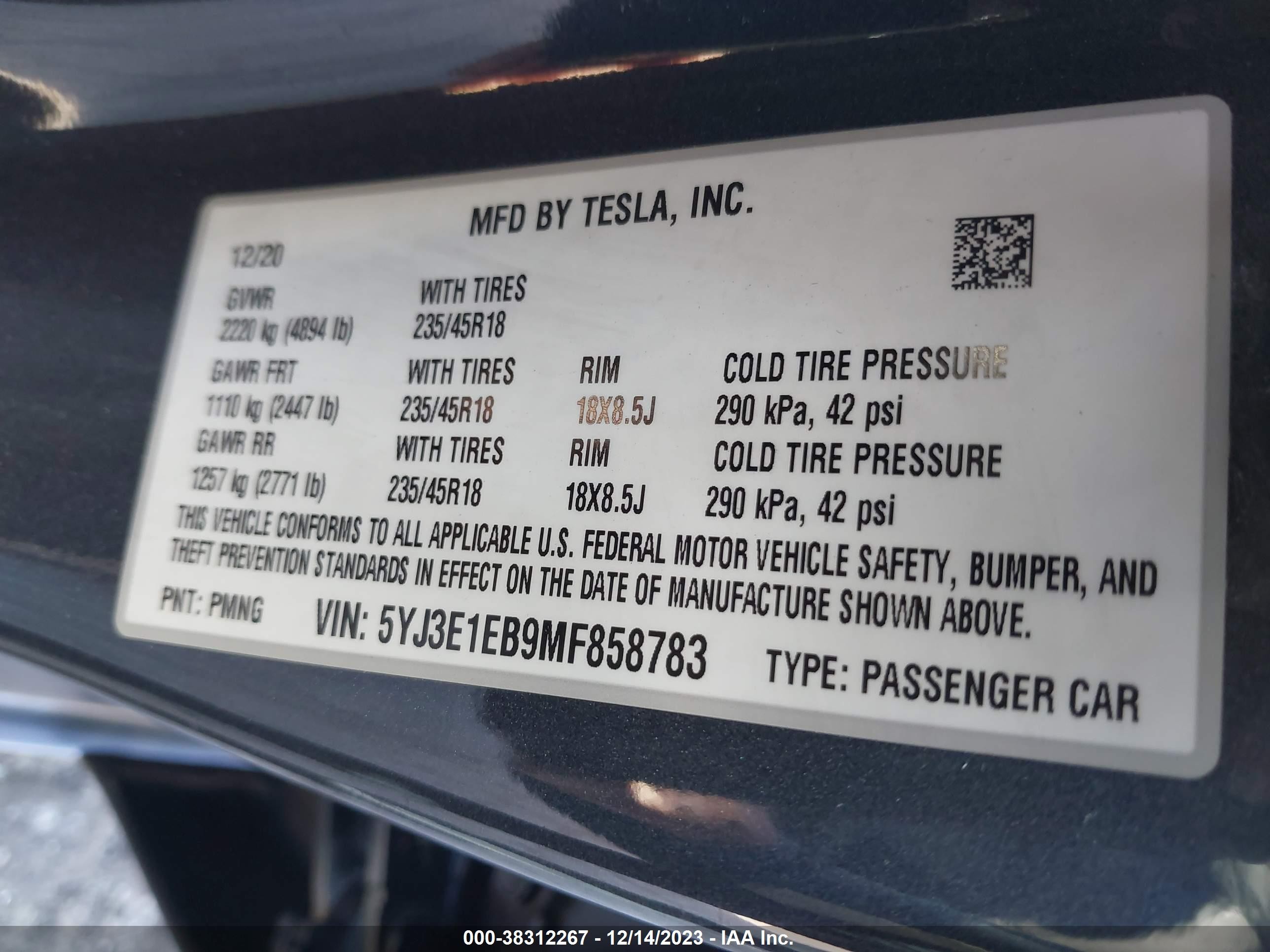 Photo 7 VIN: 5YJ3E1EB9MF858783 - TESLA MODEL 3 