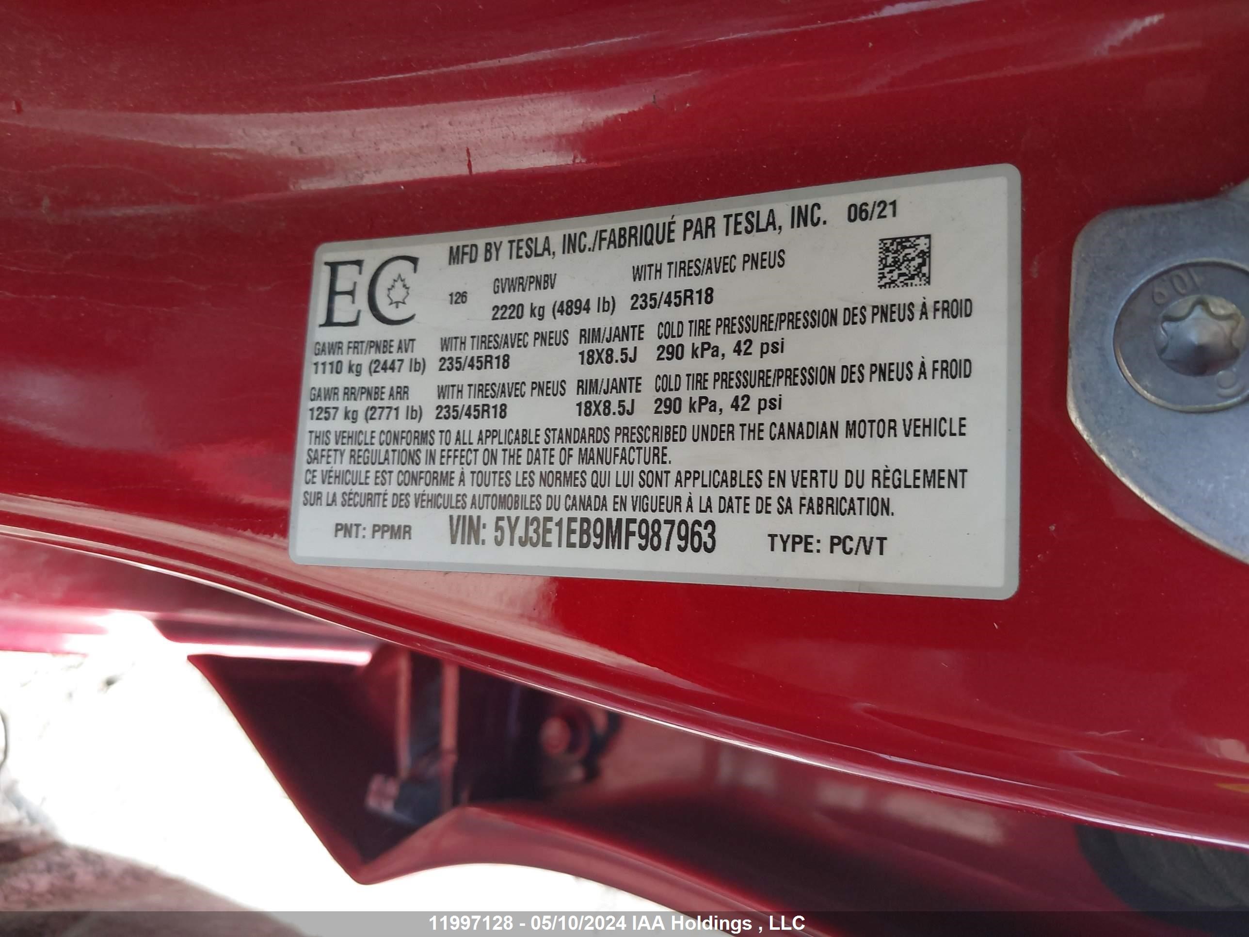 Photo 8 VIN: 5YJ3E1EB9MF987963 - TESLA MODEL 3 