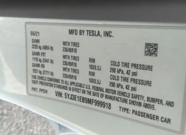 Photo 8 VIN: 5YJ3E1EB9MF999918 - TESLA MODEL 3 