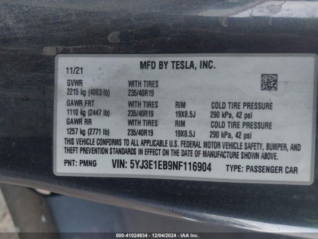 Photo 8 VIN: 5YJ3E1EB9NF116904 - TESLA MODEL 3 