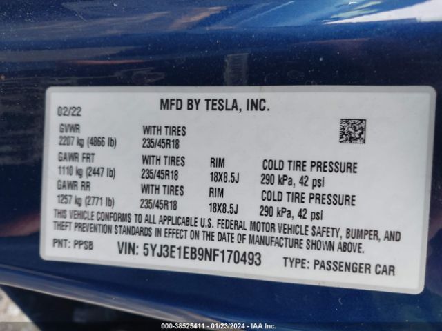 Photo 8 VIN: 5YJ3E1EB9NF170493 - TESLA MODEL 3 