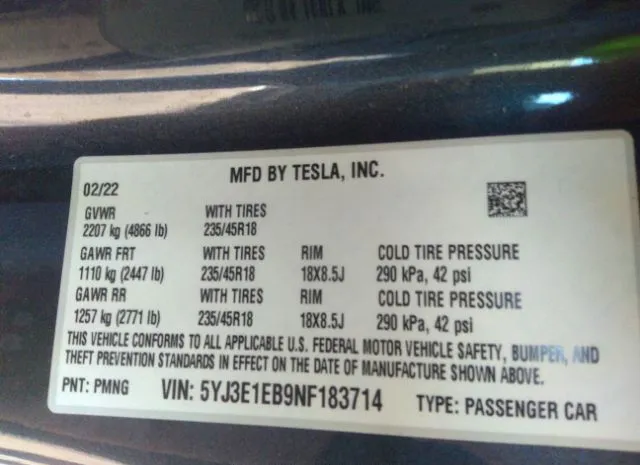 Photo 8 VIN: 5YJ3E1EB9NF183714 - TESLA MODEL 3 