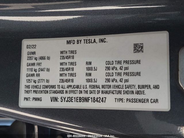 Photo 8 VIN: 5YJ3E1EB9NF184247 - TESLA MODEL 3 