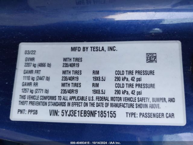 Photo 8 VIN: 5YJ3E1EB9NF185155 - TESLA MODEL 3 