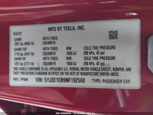 Photo 8 VIN: 5YJ3E1EB9NF192560 - TESLA MODEL 3 