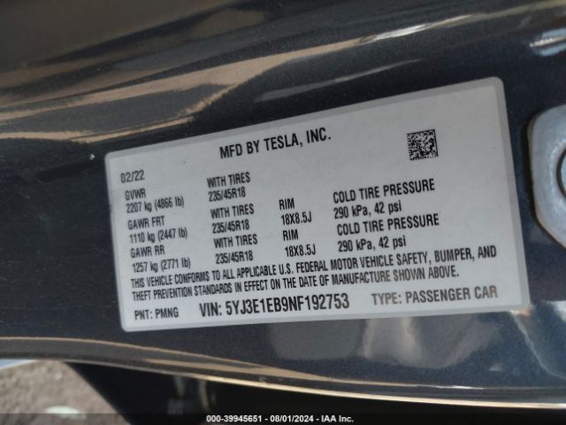 Photo 8 VIN: 5YJ3E1EB9NF192753 - TESLA MODEL 3 