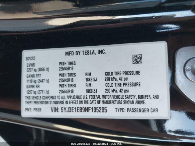 Photo 8 VIN: 5YJ3E1EB9NF195295 - TESLA MODEL 3 