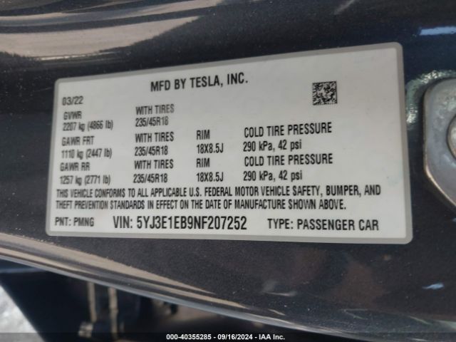 Photo 8 VIN: 5YJ3E1EB9NF207252 - TESLA MODEL 3 