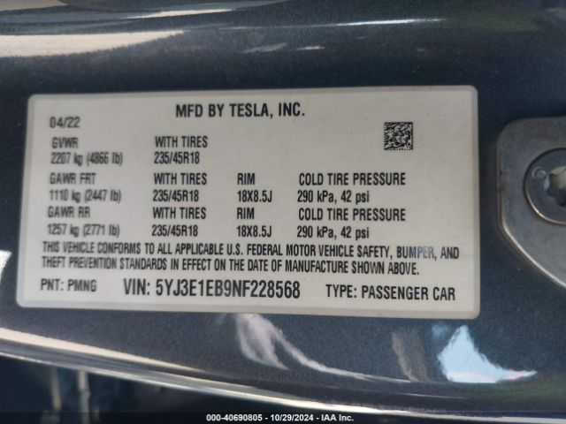 Photo 8 VIN: 5YJ3E1EB9NF228568 - TESLA MODEL 3 