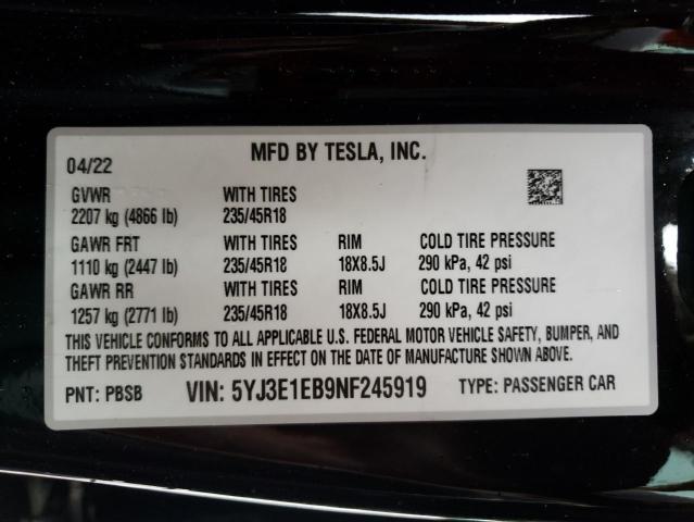 Photo 9 VIN: 5YJ3E1EB9NF245919 - TESLA MODEL 3 