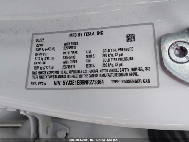 Photo 8 VIN: 5YJ3E1EB9NF273364 - TESLA MODEL 3 